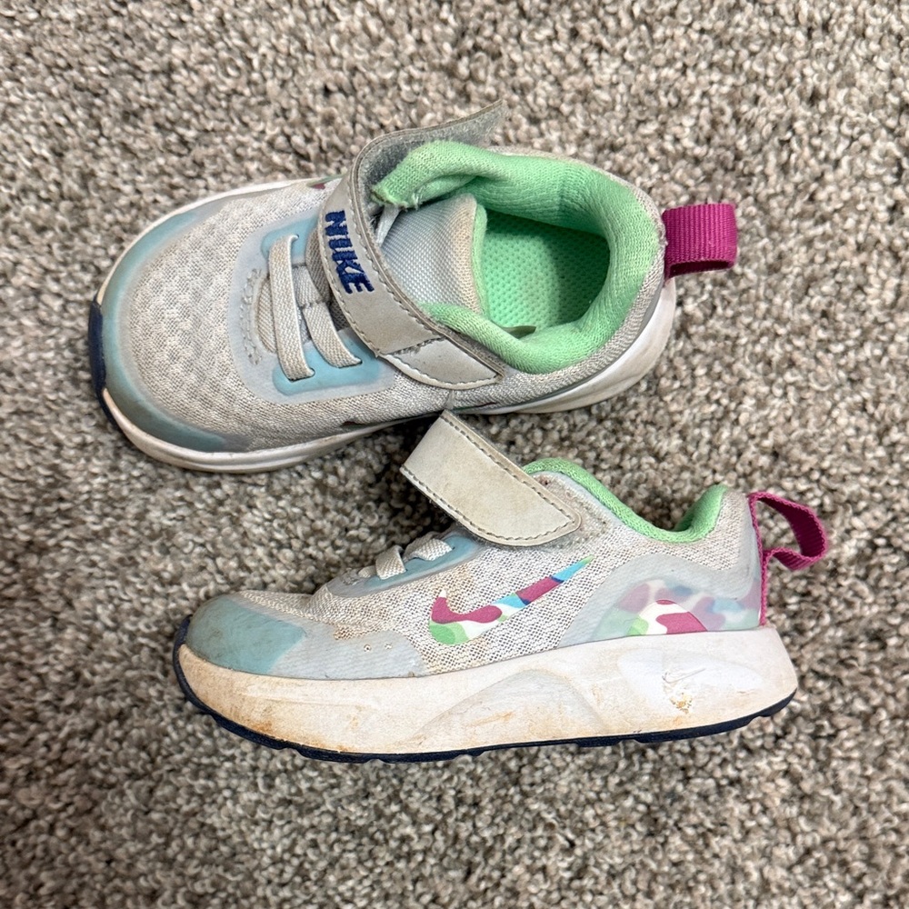 Nike Kids' Gray and Blue Sneakers with Pink Accents